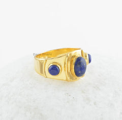 Lapis Lazuli Ring-Lapis 6x8mm Oval & 4x4mm Round Sterling Silver Gemstone Ring-18k Gold Plated Ring-Silver Ring-Thanksgiving-Gift For Women