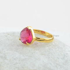 Pink Tourmaline Quartz Ring - Pink Tourmaline 10mm Heart Ring - Gold Plated Ring - 925 Sterling Silver Ring - Handmade Ring - Gift For Wife
