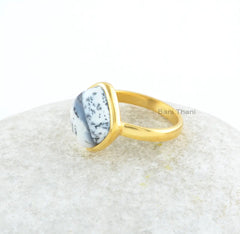 Dendritic Agate Gemstone Ring - 12x14mm Rounded Diamond - 925 Sterling Silver Ring - 18k Gold Plated Ring - Wedding Gift Ring - Gift for Her