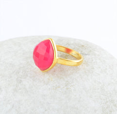 Hot Pink Chalcedony Faceted Gemstone Ring - Sterling Silver Handmade Ring - Gold Plated Chalcedony Ring - Everyday Jewelry - Present for Her