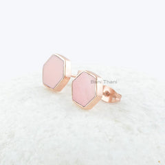 Pink Opal Stud Earrings - Gold Plated Studs - Solid Silver - 9x9mm Hexagon - Party Jewelry - Jewelry For The Traveler - Gift For Young Mom