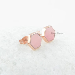 Pink Opal Stud Earrings - Gold Plated Studs - Solid Silver - 9x9mm Hexagon - Party Jewelry - Jewelry For The Traveler - Gift For Young Mom