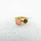 Multi Stone Ring-Bio Tourmaline Quartz 8x10mm Oval & Smoky Quartz 6x6mm Round Sterling Silver Ring-Gold Plated Ring-Gemstone Ring-Gift Ring