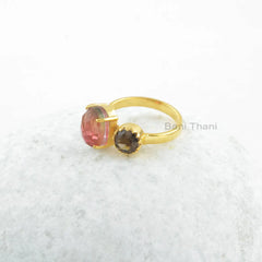 Multi Stone Ring-Bio Tourmaline Quartz 8x10mm Oval & Smoky Quartz 6x6mm Round Sterling Silver Ring-Gold Plated Ring-Gemstone Ring-Gift Ring