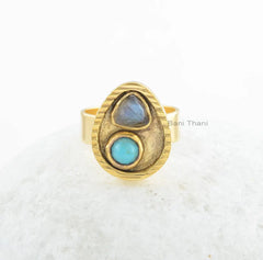 Labradorite, Arizona Turquoise Handmade Silver Ring - Gold Plated Ring for Thanksgiving - 925 Sterling Silver Bridesmaid Ring - Gift for Her