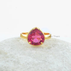 Pink Tourmaline Quartz Ring - Pink Tourmaline 10mm Heart Ring - Gold Plated Ring - 925 Sterling Silver Ring - Handmade Ring - Gift For Wife
