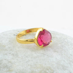 Pink Tourmaline Quartz Ring - Pink Tourmaline 10mm Heart Ring - Gold Plated Ring - 925 Sterling Silver Ring - Handmade Ring - Gift For Wife