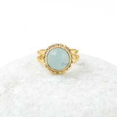 Aqua Chalcedony Gemstone Silver Ring - 925 Sterling Silver Gold Plated Ring - Engagement Gift for Her - Women Jewelry - 10mm Round Boho Ring