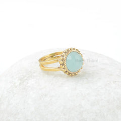 Aqua Chalcedony Gemstone Silver Ring - 925 Sterling Silver Gold Plated Ring - Engagement Gift for Her - Women Jewelry - 10mm Round Boho Ring