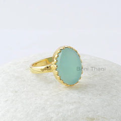 Aqua Chalcedony Ring, Aqua Chalcedony 10x14mm Oval Sterling Silver Gemstone Ring, Gold Plated Ring, Zig Zag Bezel Ring, Gift For Bridesmaid