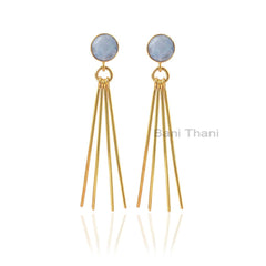 Rainbow Moonstone Earrings, Rainbow 9mm Round Gemstone Drop Earrings, Gold Plated 925 Sterling Silver Earrings, Long Bar Earrings, Gift For Women