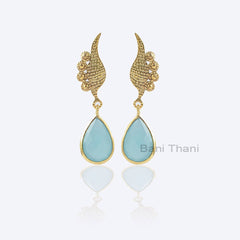 Designer Chalcedony Earrings, Aqua Chalcedony 10x14mm Pear Sterling Silver Earrings, Aqua Chalcedony Earrings, Gold Plated Earrings