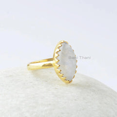 Rainbow Moonstone Zig Zag Silver Ring - 925 Sterling Silver Gold Plated Ring - Jewelry for Summer - Vintage Jewelry - Marquise Gemstone Ring