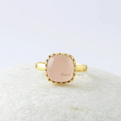 Pink Chalcedony Ring, Pink Chalcedony 10x10mm Cushion Gemstone Ring, Zig Zag Bezel Ring, Sterling Silver Ring, Designer Ring, Gift For Women