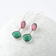 Pink Tourmaline Earrings, Pink Tourmaline Marquise 7x10mm & Teal Quartz Heart 10x10mm Sterling Silver Earrings, Dangle Drop Earrings