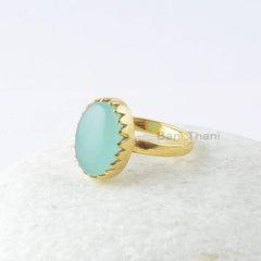 Aqua Chalcedony Ring, Aqua Chalcedony 10x14mm Oval Sterling Silver Gemstone Ring, Gold Plated Ring, Zig Zag Bezel Ring, Gift For Bridesmaid