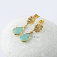 Designer Chalcedony Earrings, Aqua Chalcedony 10x14mm Pear Sterling Silver Earrings, Aqua Chalcedony Earrings, Gold Plated Earrings