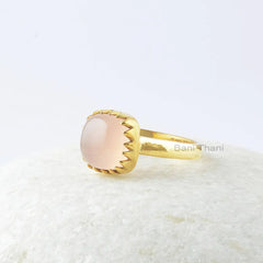 Pink Chalcedony Ring, Pink Chalcedony 10x10mm Cushion Gemstone Ring, Zig Zag Bezel Ring, Sterling Silver Ring, Designer Ring, Gift For Women