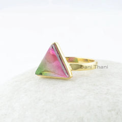 Triangle Bio Tourmaline Doublet Quartz 11mm Gemstone Ring - 925 Sterling Silver Gold Plated Ring - Gift for Her - Statement Ring for Women