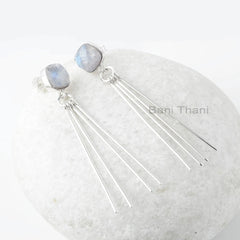 Rainbow Moonstone Earrings, Moonstone 9mm Cushion Gemstone Sterling Silver Earrings, Bar Earrings, Gift For Mother, Bohemian Earring Jewelry