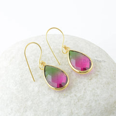 Multi Tourmaline Earrings-Bio Tourmaline Quartz 12x17mm Pear Silver Earrings-Gemstone Earrings-Dangle Earrings-Gold Plated Earrings-Gift For Wife