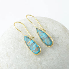 Copper Turquoise Earrings-Copper Blue Turquoise 8x25mm Pear Gemstone Silver Earrings-Long Drop Earrings-Gold Plated Earrings-Wedding Gift