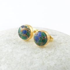Azurite Stud Earrings - Solid Silver - Gold Plated Studs - 9x9mm Round - Artisan Jewelry - Gift For Grand Daughter - Jewelry For Everyday