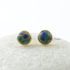 Azurite Stud Earrings - Solid Silver - Gold Plated Studs - 9x9mm Round - Artisan Jewelry - Gift For Grand Daughter - Jewelry For Everyday