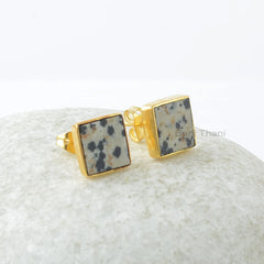 Dalmation Jasper Silver Earrings - 925 Silver - 9mm Flat Square - Rose Gold Studs - Birthstone Jewelry - Gift For Girl - Jewelry for Date