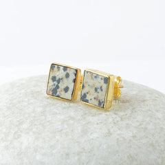 Dalmation Jasper Silver Earrings - 925 Silver - 9mm Flat Square - Rose Gold Studs - Birthstone Jewelry - Gift For Girl - Jewelry for Date