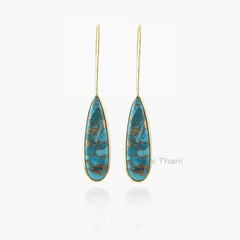Copper Turquoise Earrings-Copper Blue Turquoise 8x25mm Pear Gemstone Silver Earrings-Long Drop Earrings-Gold Plated Earrings-Wedding Gift