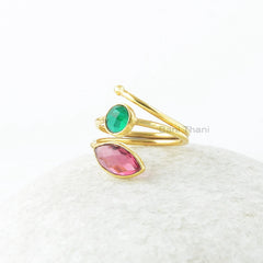Multi Stone Silver Ring - Emerald Quartz & Pink Tourmaline Quartz Gemstone Ring - Gold Plated Handmade Ring - Gift for Mom - Gift for Bride