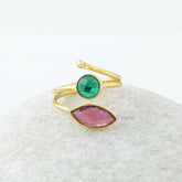 Multi Stone Silver Ring - Emerald Quartz & Pink Tourmaline Quartz Gemstone Ring - Gold Plated Handmade Ring - Gift for Mom - Gift for Bride