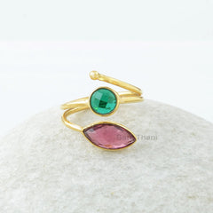 Multi Stone Silver Ring - Emerald Quartz & Pink Tourmaline Quartz Gemstone Ring - Gold Plated Handmade Ring - Gift for Mom - Gift for Bride