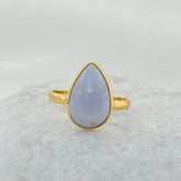 Blue Lace Agate Ring, Blue Lace Agate 10x14mm Pear Shape Gemstone Ring, Micron Gold Plated 925 Sterling Silver Gemstone Ring