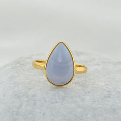 Blue Lace Agate Ring, Blue Lace Agate 10x14mm Pear Shape Gemstone Ring, Micron Gold Plated 925 Sterling Silver Gemstone Ring