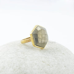 Pyrite Gemstone Silver Ring - 15mm Hexagon Checkerboard Cut Ring - Gold Plated Ring - Solid Silver Ring - Wedding Gift Ring - Gift for Bride