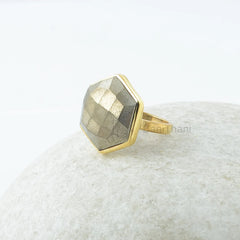 Pyrite Gemstone Silver Ring - 15mm Hexagon Checkerboard Cut Ring - Gold Plated Ring - Solid Silver Ring - Wedding Gift Ring - Gift for Bride