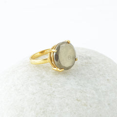 Pyrite Silver Ring, Pyrite 15mm Round Gemstone Prong Set Ring, Silver Ring, Pyrite Ring, 18k Gold Plated Ring, Engagement Gift For Bride