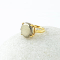 Pyrite Silver Ring, Pyrite 15mm Round Gemstone Prong Set Ring, Silver Ring, Pyrite Ring, 18k Gold Plated Ring, Engagement Gift For Bride