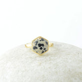 Dalmatian Jasper Ring - 10mm Hexagon Ring - Gold Plated Ring - Gemstone Jewelry - 925 Silver - Jewelry for Friend - Gift for New Beginning