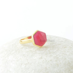 Hot Pink Chalcedony Hexagon Gemstone Ring - Gold Plated Ring - 925 Sterling Silver Ring - Gift for Mothers - Handmade Jewelry for Bridesmaid