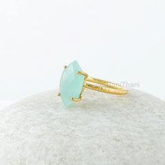 Aqua Chalcedony Ring, Aqua Chalcedony 8x15mm Hexagon Gemstone Prong Set Ring, Gold Plated Ring, Chalcedony Ring, Silver Ring, Gift For Mom