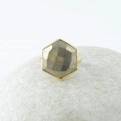 Pyrite Gemstone Silver Ring - 15mm Hexagon Checkerboard Cut Ring - Gold Plated Ring - Solid Silver Ring - Wedding Gift Ring - Gift for Bride