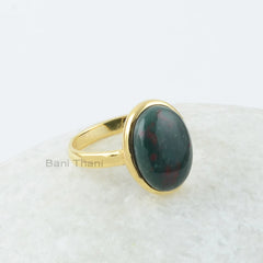 Bloodstone Silver Ring, Bloodstone 10x14mm Oval Gemstone Silver Ring, 18k Gold Plated Ring, Gift For Her, Gemstone Silver Bezel Rings