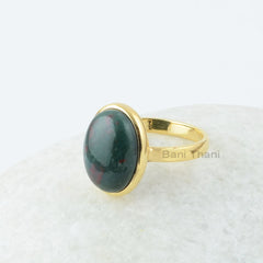 Bloodstone Silver Ring, Bloodstone 10x14mm Oval Gemstone Silver Ring, 18k Gold Plated Ring, Gift For Her, Gemstone Silver Bezel Rings
