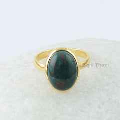 Bloodstone Silver Ring, Bloodstone 10x14mm Oval Gemstone Silver Ring, 18k Gold Plated Ring, Gift For Her, Gemstone Silver Bezel Rings