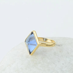 Blue Quartz Gemstone Silver Ring - Gold Plated 925 Silver Ring - 10x16mm Pyramid Gemstone Ring - Wedding Gift Ring for Women - Handmade Ring