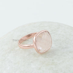 12mm Morganite Quartz Ring, Morganite Quartz Cut Cushion Gemstone Ring, Rose Gold Plated Ring, Gemstone Silver Ring, Morganite Ring