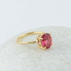 Pink Tourmaline Quartz Ring, Pink Tourmaline 8x10 mm Oval Shape Gemstone Silver Ring, 18k Gold Plated Ring, Bridal Ring, Gift for her